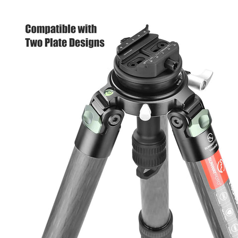 Top view of Solid 75 Mm Leveling Half Ball Adapter With Fast Turn Lever Lock on tripod with two plate designs for enhanced stability.
