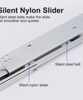 Close-up of soft close undermount drawer slides with full extension from 8 to 24 inches, featuring silent nylon slider and steel balls.