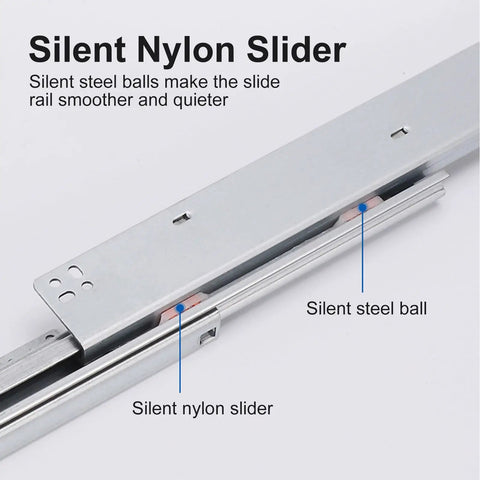 Close-up of soft close undermount drawer slides with full extension from 8 to 24 inches, featuring silent nylon slider and steel balls.