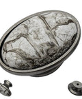 Solid Set Of Twenty Antique Silver And Gray Marble Oval Ceramic Cabinet Knobs Serving Dope Vintage Vibes That Will Level Up Your Kitchen Bedroom Or Bathroom Vanities Today. Gray marble knob detail with antique silver backing.
