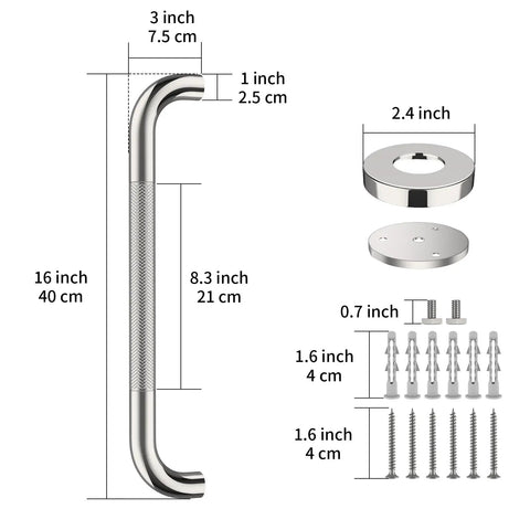 16 Inch Anti Slip Shower Grab Bar Handle In Chrome Finish Stainless Steel Bathroom Grab Bar With Knurled Grip Concealed Mount Safe Hand Rail Support For Elderly And Handicap Bath Safety, showing dimensions and mounting hardware