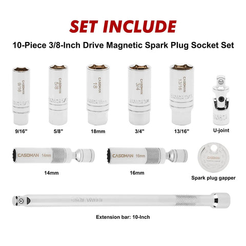 Magnetic Spark Plug Socket Set For 3/8 Inch Drive, 10 Piece Must-Have Kit With 6PT And 12PT Sockets, Extension Bar, Universal Joint