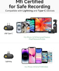 Image showing MFi Certified devices compatible with Pocket Size Wireless Lavalier Microphone With AI Voice Filter MFi Certified And Noise Cancellation For Iphone And Android Crisp Studio Sound 48kHz 16bit 30 Hour Battery With Charging Case For TikTok YouTube Video Creation.