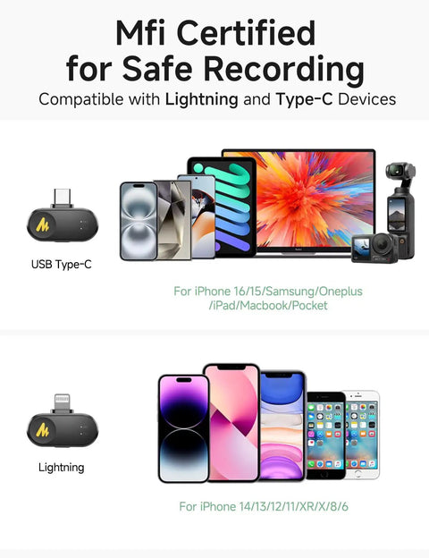 Image showing MFi Certified devices compatible with Pocket Size Wireless Lavalier Microphone With AI Voice Filter MFi Certified And Noise Cancellation For Iphone And Android Crisp Studio Sound 48kHz 16bit 30 Hour Battery With Charging Case For TikTok YouTube Video Creation.