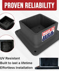Heavy Duty 4x4 Post Base Bracket Anchor With Rust Free Plastic Deck Skirt And Flange Cover For Wood Posts and Handrail Braces Built Ridiculously Tough In USA For Yard Work Projects, UV resistant and durable design.