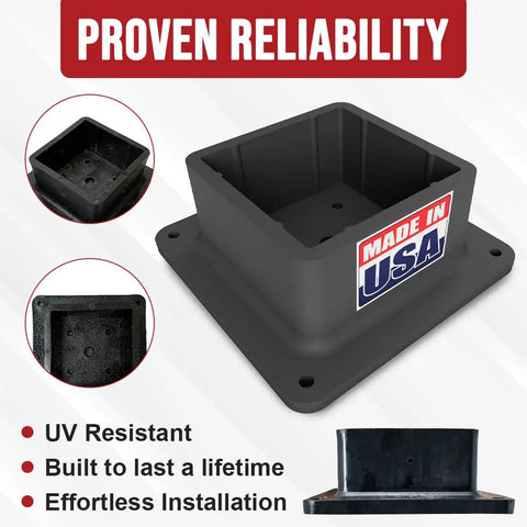 Heavy Duty 4x4 Post Base Bracket Anchor With Rust Free Plastic Deck Skirt And Flange Cover For Wood Posts and Handrail Braces Built Ridiculously Tough In USA For Yard Work Projects, UV resistant and durable design.