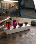 Top Notch 4 Piece Cowhide Tapping Heads Kit With M8 Threads For Hammers To Smooth Out Dents Without Bruising Paint While Staying Lightweight And Super Tough, four heads on display