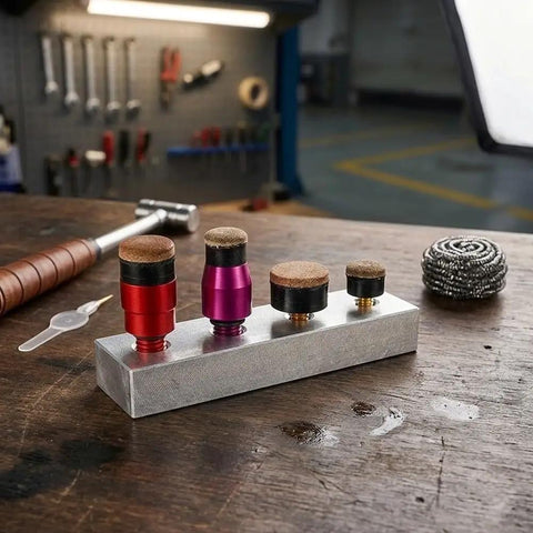 Top Notch 4 Piece Cowhide Tapping Heads Kit With M8 Threads For Hammers To Smooth Out Dents Without Bruising Paint While Staying Lightweight And Super Tough, four heads on display