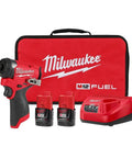 Front view of M12 Fuel 12V One Quarter Inch Hex Impact Driver Kit, including tool, two batteries, charger, and carrying case.