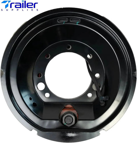 Front view of self-adjusting electric trailer brake assembly, black metal finish for 12,000–15,000 lb axles