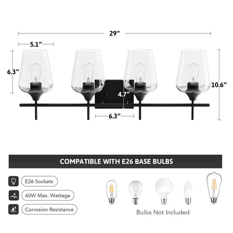 4 Light Vanity Light Fixture With Clear Glass Shades Black Finish Modern Industrial Style Over Mirror Wall Lamp Ideal For Bathroom Bedroom Hallway LED Compatible Dimmable And Energy Efficient