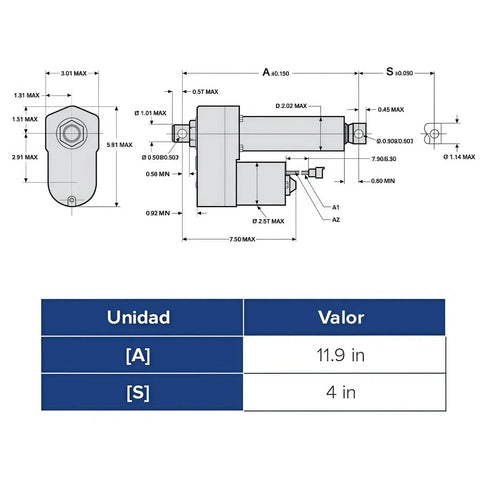 Technical diagram of Heavy Duty 24V 13A Linear Actuator Delivers 4500N Peak Lift With 101.6mm Stroke dimensions