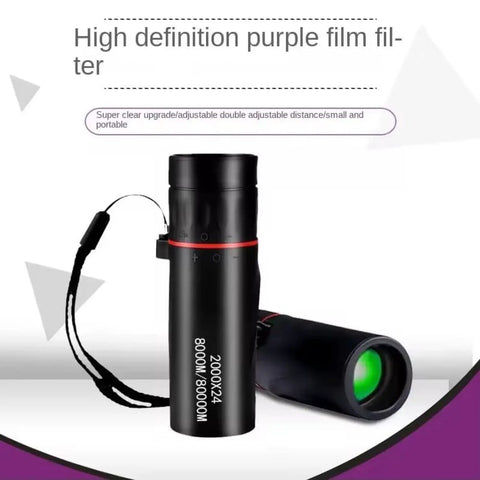 8X Magnification Monocular Telescope For Hiking Bird Watching Stargazing And Outdoor Adventures Ultra Portable One Tube Design Delivers Crisp Clarity With Multi Coated Optics Lightweight Pocket Scope For Real Outdoor Explorers. Black compact monocular telescope with wrist strap, front view