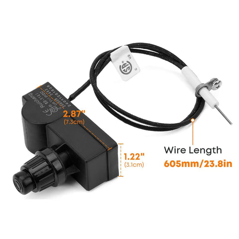 Low Pressure Propane Flame Failure Safety Valve Kit With Push Button Ignition for Fire Pits Gas Fireplaces and Stoves, dimensions and wire length visible