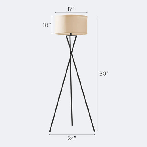 LED Floor Lamp Tall Tripod With Drum Shade In Black Finish And Gold Accents, dimensions shown, sleek modern design.