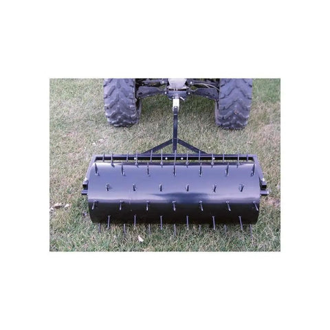 36 Inch Wide Lawn Aerator Roller With 78 Steel Spikes And 24 Gallon Water Holder For Behind Mower Or ATV Use, attached to ATV.