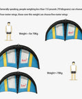 Diagram of three inflatable surf wings in sizes for weights under 70kg, highlighting wing size options for beginners.