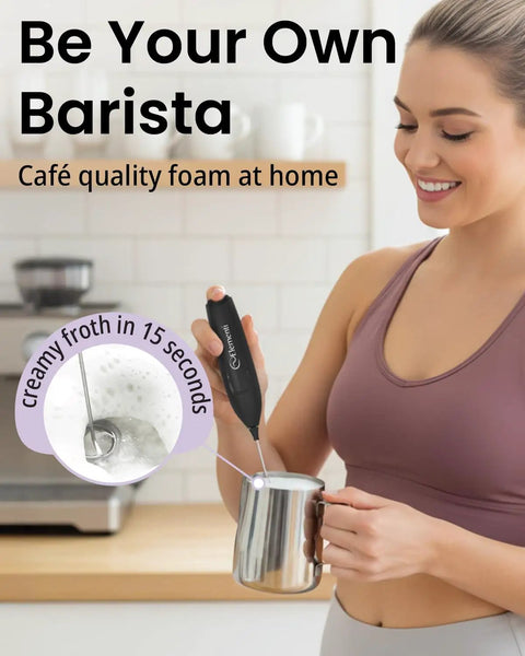 Woman using Kickass Barista Grade Milk Frother Wand Handheld Drink Mixer for Lattes and Cappuccinos with Quick Matcha Whisk