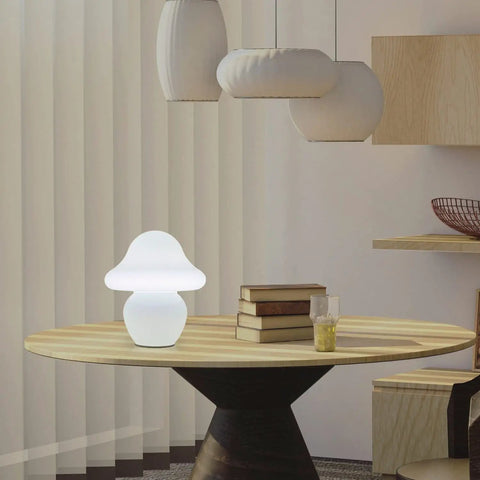 Milk White Glass Mushroom Lamp Small Translucent Nightstand Light For Bedroom And Living Room on round table in modern setting
