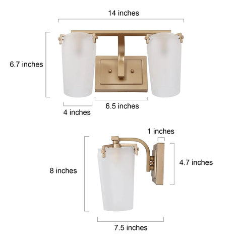 Gold Bathroom Vanity Light Fixture Dope 2 Light Modern Bath Lighting With White Frosted Glass Shades Deep Gold Finish dimensions