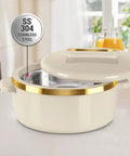 Stainless Steel Casserole Set Featuring Zero Sweat Double Wall Heat Lock To Keep Your Roti Gravy And Batch Cooked Meals Fresh Hot All Day Long Pro Grade Kitchen Storage Containers Set Of Three Ivory with golden rim and lid.