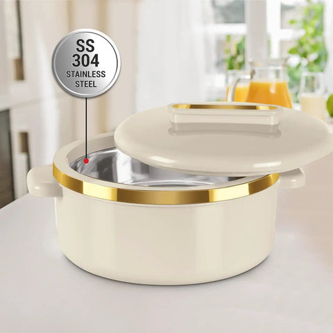 Stainless Steel Casserole Set Featuring Zero Sweat Double Wall Heat Lock To Keep Your Roti Gravy And Batch Cooked Meals Fresh Hot All Day Long Pro Grade Kitchen Storage Containers Set Of Three Ivory with golden rim and lid.
