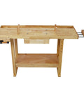 Rock Solid 55 Inch Rubber Wood Workbench For Garage And Workshop with side clamps and open storage area.