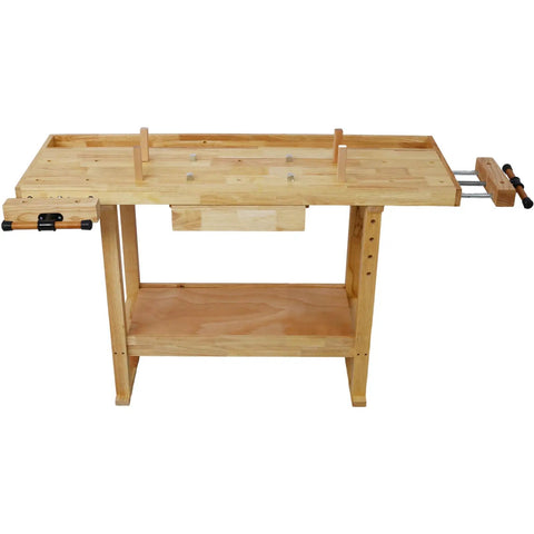 Rock Solid 55 Inch Rubber Wood Workbench For Garage And Workshop with side clamps and open storage area.