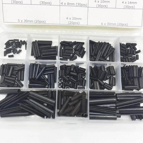 360 Piece Steel Split Spring Dowel And Roll Pin Assortment Kit For Metalworking M1.5 Through M6 Sizes With Dowel Pins And Tension Roll Pins Great For Automotive Machinery And DIY Projects Which Keeps Your Tools And Small Parts Organized in compartmentalized box.