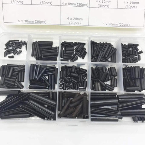 360 Piece Steel Split Spring Dowel Roll Pins Kit Tension Dowels Metal Hardware Assortment For M1.5 M2 M2.5 M3 M4 M5 M6 Great For DIY Projects, Home Repairs, Automotive Upgrades shown in an organized tray.
