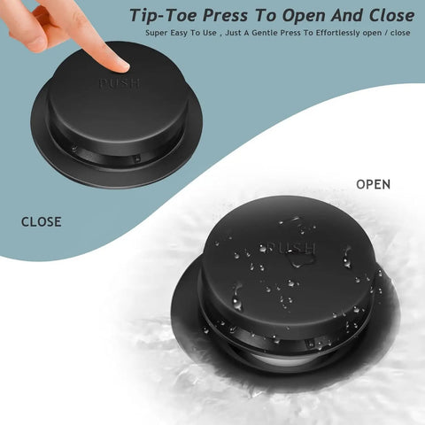 No Sweat Matte Black Bathtub Drain Kit With Two Hole Overflow Plate solid brass pop up stopper shown in open and closed positions.