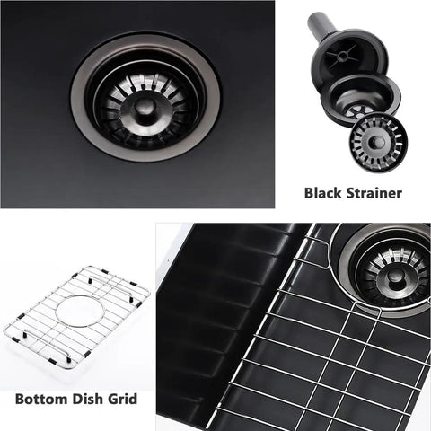 18 Inch Drop-In Bar Sink Black Quartz Composite Single Bowl For Small Kitchens And RVs Durable Granite-Style Mini Sink With Bottom Grid And Drain Included Heat And Scratch Resistant Outdoor Ready strainer and grid close-up