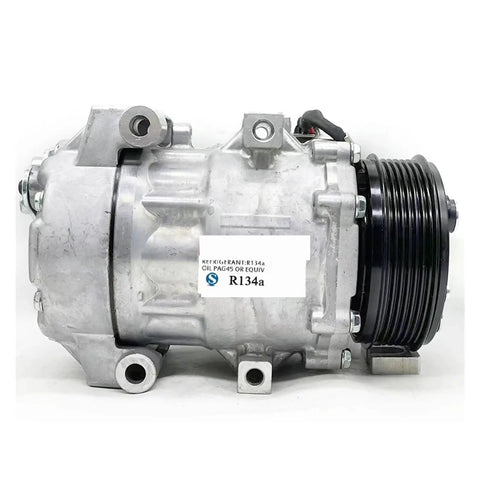 Wreck The Stuffy Cabin Heat With This Clutchless Three Electric Air Conditioning Compressor, silver metal housing, side view.