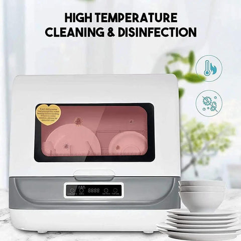 No Sweat Compact Countertop Dishwasher With Automatic Air Dry And 360 Rotating Dual Spray Heads Superfast Cycle For Everyday Dishes Bowls And Fresh Market Finds, showing dishes inside.