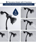 Oil Rubbed Bronze 2 In 1 Shower Head Set With Liftable Handheld showing 5 water functions, includes stainless steel hose for flexibility.