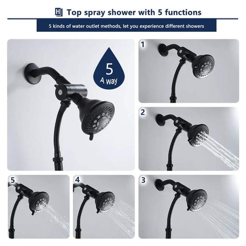 Oil Rubbed Bronze 2 In 1 Shower Head Set With Liftable Handheld showing 5 water functions, includes stainless steel hose for flexibility.