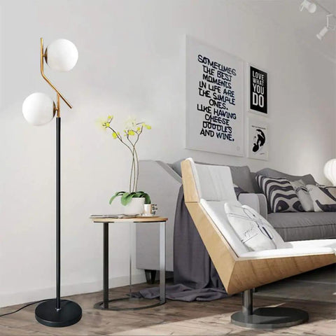 Two Milky White Glass Orbs Brass Finish Floor Lamp With Black Base, Modern Mid Century Style For Living Room, Bedroom, Office Or Hotel, 62-Inch Tall