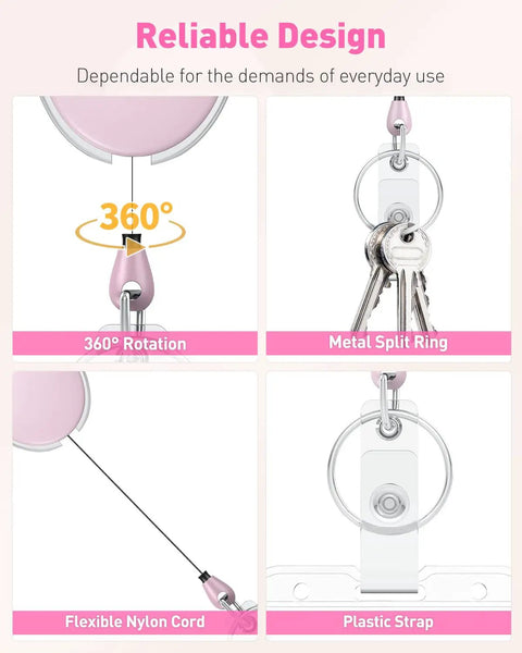 Pink 2 Pack Heavy Duty Retractable Badge Reel With 24 Inch Nylon Rope Carabiner Clip And Key Ring ABS Casing With Stainless Steel Spring