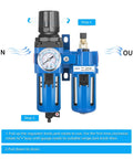Three Eighths NPT Compressed Air Filter Regulator Lubricator Combo with Water and Oil Trap Separator featuring poly bowl and gauge