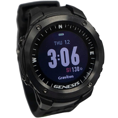 Graviton Color Dive Watch Computer with full color MIP display showing time and compass on round black face.