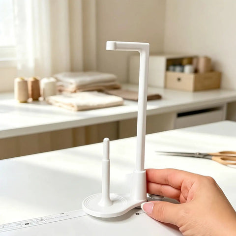 Large Thread Spool Stand For Sewing Machines on workspace, featuring a white 3D printed design holding thread spools.