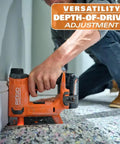 18V Cordless Crown Stapler With Three Eighth Inch Heavy Duty Fasteners And Two Point Oh Amp Hour Battery Charger Kit featuring depth-of-drive adjustment