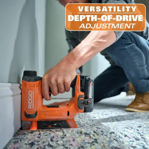 18V Cordless Crown Stapler With Three Eighth Inch Heavy Duty Fasteners And Two Point Oh Amp Hour Battery Charger Kit featuring depth-of-drive adjustment