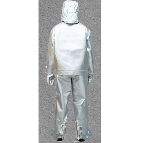 Back view of Heavy Duty Heat Resistant Insulation Suit For High Temp Work Anti Thermal Radiation Fireproof Gear With Aluminum Foil Layer.