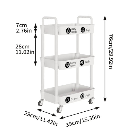 Three Tier Rolling Cart With Wheels For Kitchen Bathroom Laundry Storage, All Purpose Utility Organizer On Wheels, white cart