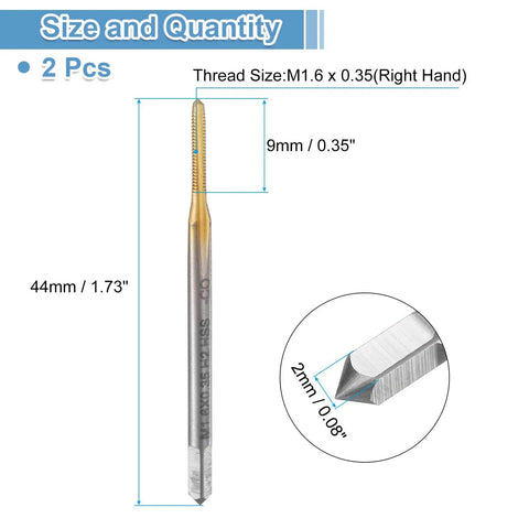 Two Pack M1.6 x 0.35 Metric Straight Flute Thread Taps Titanium Coated HSS 6542 High Speed Steel Pro Grade Tap Set, dimensions shown