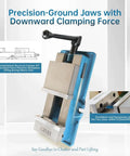 Rock Solid 8 Inch Milling Vise With 7.9 Inch Jaw Width showcasing precision-ground jaws and downward clamping force for metalworking.
