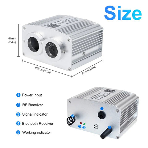 Dimensions and features of Dual Port 16W Twinkle Starlight Headliner Kit With 700 Fibers, 9.8ft 0.75mm PMMA Optic Cables