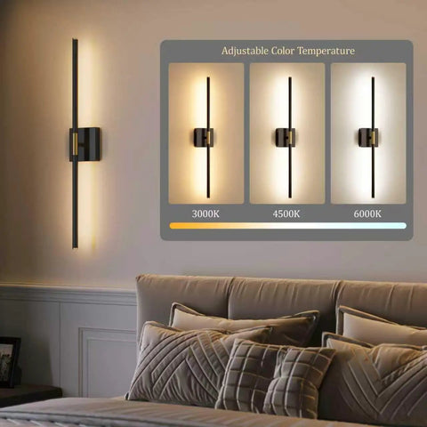 30 Inch Battery Powered Wall Sconces Set Of Two With Remote Dimmable LED Lighting In Black And Brushed Gold Finish, shown with adjustable color temperatures