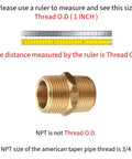Brass 3/4 Inch NPT Nipple Set With Hex Two Piece Male Pipe Fittings Straight Connector with ruler, illustrating Thread O.D. measurement